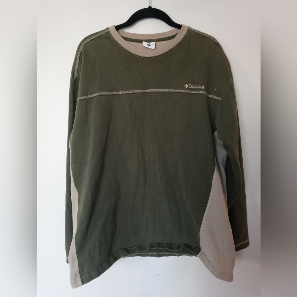 Mens Columbia Forest Green Beige Thick Cotton Long Sleeve Crew Neck Shirt Large